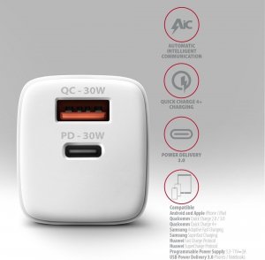 Ładowarka Axagon ACU-PQ30W Ładowarka sieciowa PD & QC 30W, QC3.0,4.0/AFC/FCP/PPS/Apple Biała 4