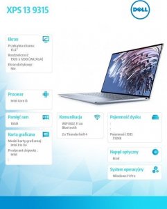 Laptop Dell Notebook XPS 13 9315 Win11Pro i5-1230U/512GB/16GB/Intel Iris Xe/13.4 FHD+/KB-Backlit/Sky/2Y NBD 7