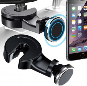 4kom.pl Uchwyt samochodowy Magnetyczny uniwersalny do telefonu na zagłówek Black + Kabel 3w1 + Ładowarka USB-C + USB 3.1A 2