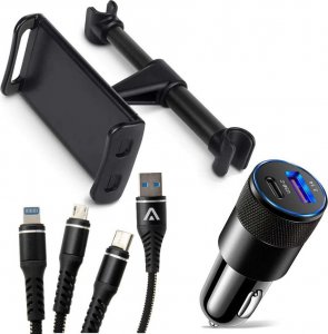 Alogy Uchwyt samochodowy na zagłówek Alogy do tabletu telefonu Czarny + Kabel 3w1 + Ładowarka USB-C + USB 3.1A 1