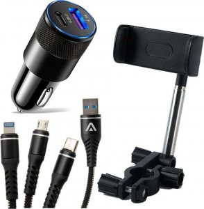 Alogy Uchwyt samochodowy na lusterko wsteczne Alogy do telefonu Czarny + Kabel 3w1 + Ładowarka USB-C + USB 3.1A 1