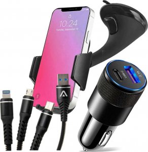 Alogy Uchwyt samochodowy Uniwersalny do auta K400 do telefonu na szybę Black + Kabel Alogy 3w1 + Ładowarka USB-C + USB 3.1A 1