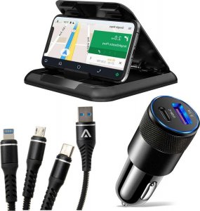 Alogy Uchwyt samochodowy Alogy Carbon na telefon do 6.8 cali GPS na deskę kokpit Czarny + Kabel 3w1 + Ładowarka USB-C + USB 3.1A 1