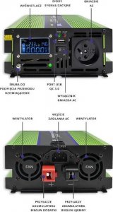 Przetwornica Qoltec Przetwornica napięcia Monolith | ładowanie baterii | UPS | 1000W | 2000W | 12V na 230V | Czysty Sinus | LCD 7