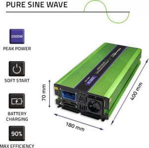 Przetwornica Qoltec Przetwornica napięcia Monolith | ładowanie baterii | UPS | 1000W | 2000W | 12V na 230V | Czysty Sinus | LCD 8