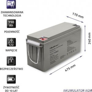 Qoltec Akumulator AGM | 12V | 150Ah | max. 2250A 3