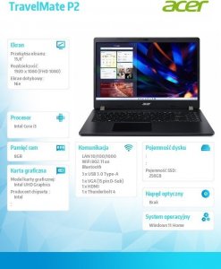 Laptop Acer Notebook TravelMate P215-53 WIN11H/i3-1115G4/8GB/256SSD/UMA/15.6 8