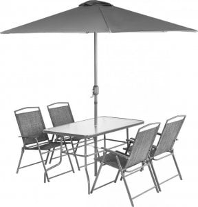 Saska Garden Zestaw mebli ogrodowych stół 4 krzesła i parasol szary 1