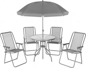 Saska Garden Zestaw mebli ogrodowych okrągły stół 4 krzesła i parasol ciemny szary 8