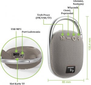 Głośnik Techly Głośnik Techly Bluetooth 5.3 5W TWS LED/MP3/USB/TF szary 3
