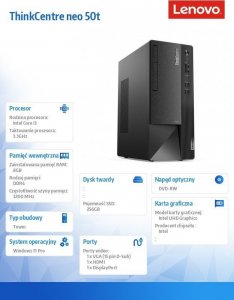 Komputer Lenovo Komputer ThinkCentre Neo 50t TWR 11SE00DBPB W11Pro i3-12100/8GB/256GB/INT/DVD/3YRS OS 9