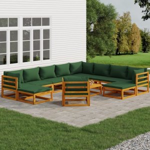 vidaXL 12-cz. zestaw wypoczynkowy do ogrodu, zielone poduszki, drewno 1