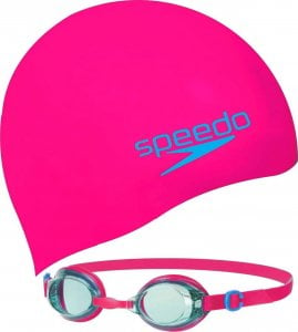 Speedo Okulary Pływackie Dziecięce na Basen Speedo Jet V2 Pink + Czepek 1
