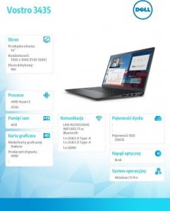Laptop Dell Notebook Vostro 3435 Win11Pro Ryzen 5 7530U/8GB/256GB SSD/14.0 FHD/AMD Radeon/FgrPr/Cam & Mic/WLAN + BT/Backlit Kb/3 Cell/3Y ProSupport 2