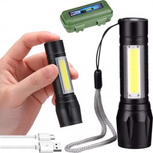 Latarka 4kom.pl Latarka taktycznia Mini światło klasyczne 9cm LED COB T6 z regulacją Zoom kieszonkowa czarna 12