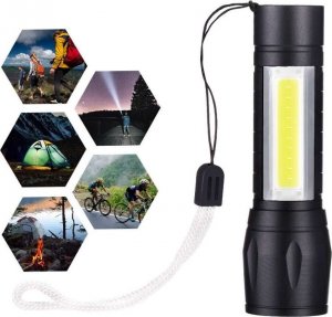 Latarka 4kom.pl Latarka taktycznia Mini światło klasyczne 9cm LED COB T6 z regulacją Zoom kieszonkowa czarna 16
