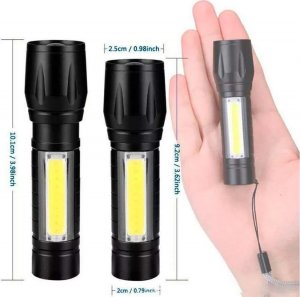 Latarka 4kom.pl Latarka taktycznia Mini światło klasyczne 9cm LED COB T6 z regulacją Zoom kieszonkowa czarna 2