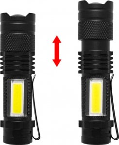 Latarka 4kom.pl Latarka taktyczna klasyczne światło LED COB XPE Mini lampa metalowa kieszonkowa Zoom czarna 4