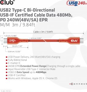 Kabel USB Club 3D USB-C - USB-C 3 m Czerwony (CAC-1513) 8