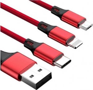 Kabel USB Vega USB-A - USB-C + microUSB + Lightning Czerwono-czarny (27973) 1