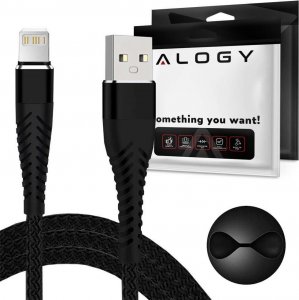 Kabel USB Alogy Kabel przewód 1m Alogy USB do Lightning do ładowania iPhone, iPad, iPod nylon oplot czarny + Organizer 1