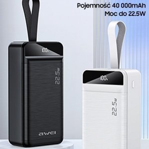 Powerbank Awei AWEI PowerBank P141K 40000mAh 22.5W czarny/black 3xUSB/PD/Lightning wyświetlacz + lampka LED 2