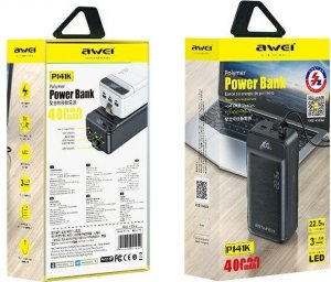 Powerbank Awei AWEI PowerBank P141K 40000mAh 22.5W czarny/black 3xUSB/PD/Lightning wyświetlacz + lampka LED 10