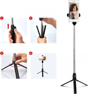 4kom.pl Uchwyt do telefonu Selfie Stick Bluetooth Statyw uchwyt na telefon z pilotem Bluetooth tripod Czarny 5