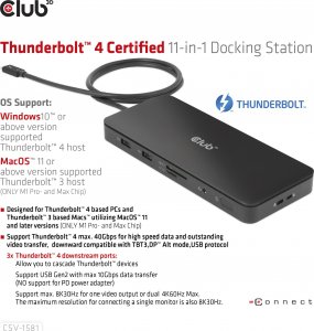 HUB USB Club 3D Club3D Thunderbolt4 11-in-1 HUB > 3xThunderbolt/3xUSB  St/Bu retail 9
