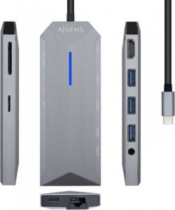 HUB USB Aisens HUB USB Aisens USB-C Dock 9 en 1, USB-C a 1x HDMI, 1xRJ45, 3x USB, 1x PD, 1x Audio, 1x SD, 1x Micro SD, Gris, 15 cm 1