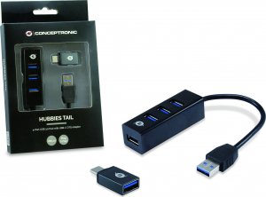 HUB USB Conceptronic CONCEPTRONIC USB-Hub 4-Port 3.0  ->4x3.0 +TypC A o.Netzt. sw 2