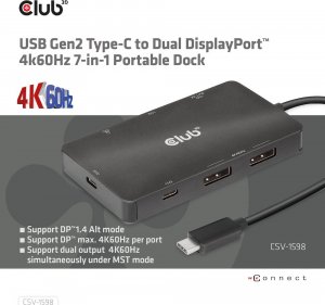 HUB USB Club 3D Club3D USB-7-in1-HUB USB-C > 2xDP/2xUSB/2xUSB-C/RJ45 100W retail 7