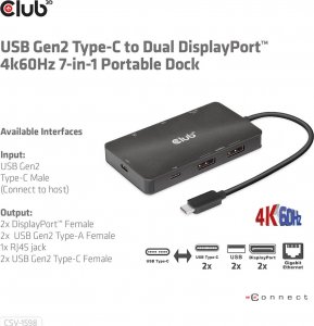 HUB USB Club 3D Club3D USB-7-in1-HUB USB-C > 2xDP/2xUSB/2xUSB-C/RJ45 100W retail 8