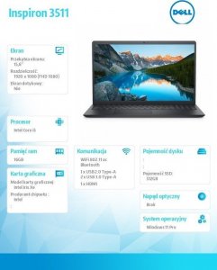Laptop Dell Notebook Inspiron 3511 Win11Pro i5-1135G7/512GB/16GB/Intel Iris Xe/2Y BWOS 5