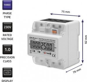 Qoltec Trójfazowy elektroniczny miernik zużycia energii na szynę DIN 230V LCD 4P 3
