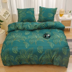 Gierekhoff Pościel 200x220 bawełna satynowa dwustronna 3D GierekHoff gruba 3 części GH 3001 złote liście na zielonym tle 2