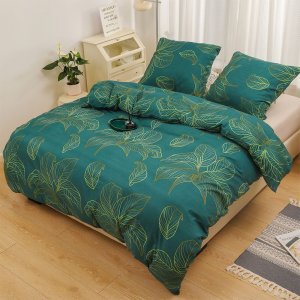 Gierekhoff Pościel 200x220 bawełna satynowa dwustronna 3D GierekHoff gruba 3 części GH 3001 złote liście na zielonym tle 3