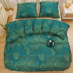 Gierekhoff Pościel 200x220 bawełna satynowa dwustronna 3D GierekHoff gruba 3 części GH 3001 złote liście na zielonym tle 8