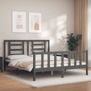 vidaXL Rama łóżka z wezgłowiem, szara, King Size, lite drewno 1