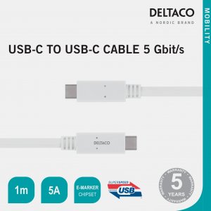 Kabel USB Deltaco USB-C - USB-C 1 m Biały (USBC-1502M) 2