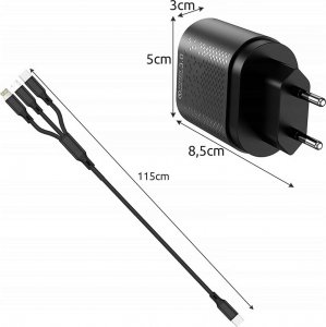 Ładowarka 4kom.pl Ładowarka sieciowa Szybka 4x USB QuickCharge 3.0 QC + Kabel 3w1 USB-C Lightning micro USB Czarna 2