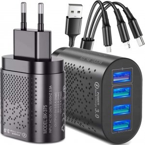 Ładowarka 4kom.pl Ładowarka sieciowa Szybka 4x USB QuickCharge 3.0 QC + Kabel 3w1 USB-C Lightning micro USB Czarna 3