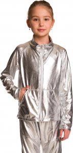 RENNWEAR Bluza metaliczna połyskująca z długim rękawem stójką zamkiem i kieszeniami strój na występ srebrny 140-146 cm 1