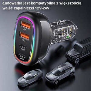 Ładowarka Usams Ładowarka Samochowoa USAMS 1xUSB-C 3xUSB-A C34 48W 3A+C PD czarna CC170CC01 (US-CC170) 3