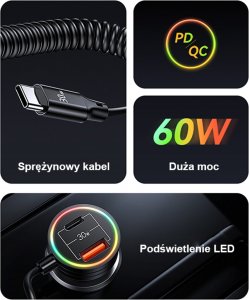 Ładowarka Usams Ładowarka Samochodowa z kablem sprężynowym USAMS 2xUSB-C 1xUSB-A C33 60W czarna CC167CC01 (US-CC167) 15