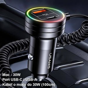 Ładowarka Usams Ładowarka Samochodowa z kablem sprężynowym USAMS 2xUSB-C 1xUSB-A C33 60W czarna CC167CC01 (US-CC167) 8