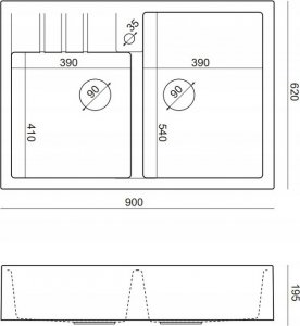 Zlewozmywak GraniteQ Quadron | BILL 120 | granitowy zlewozmywak kuchenny CZARNY mat | wymiary: 90 x 62 x 20,5 cm | 2-komorowy nakładany na szafkę | podbudowa szafki: od 90 cm 3