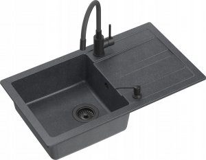 Zlewozmywak GraniteQ READY- MAX CZARNY zlewozmywak granitowy 1-k z/o (77x44x17,5) + bateria z elastyczną wylewką very black + dozownik very black + syfon very black 2