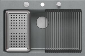 Zlewozmywak GraniteQ Zlewozmywak granitowy MARC 1-komorowy 76x50 cm szary/silver stone + elementy stal szlachetna 2