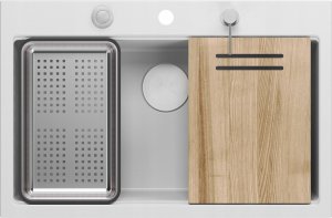 Zlewozmywak GraniteQ Zlewozmywak granitowy MARC 1-komorowy 76x50 cm biały/snow white + elementy stal szlachetna 2